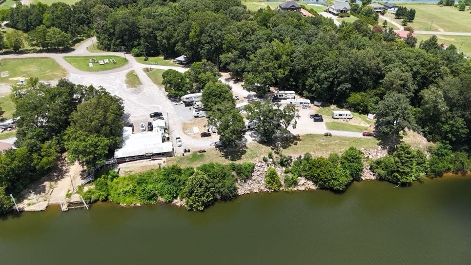 Aerial view of RV sites and river