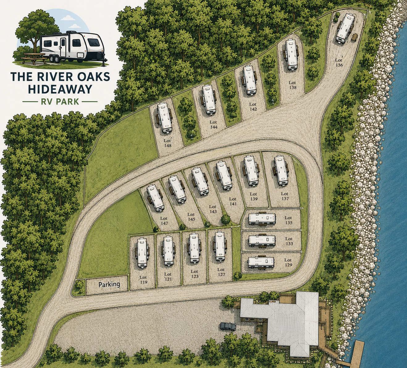 River Oaks Hideaway RV Park lot map showing all numbered sites